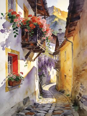 Hallstatt Village Square Watercolor Canvas Print