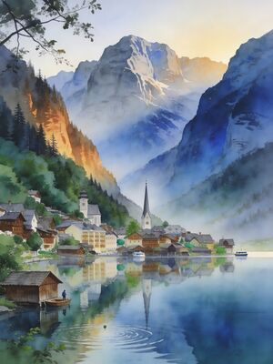Hallstatt Morning Lane in Sunlight Watercolor Canvas Print