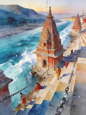 Haridwar Ganga Flowing Through Town Watercolor Canvas Print