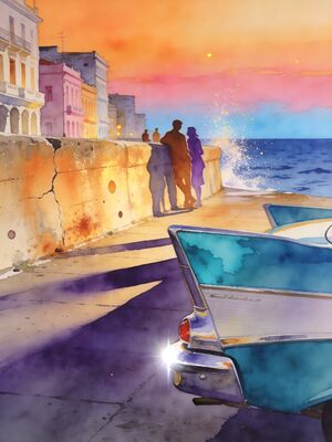 Havana Malecon Vintage Cars Watercolor Canvas Print