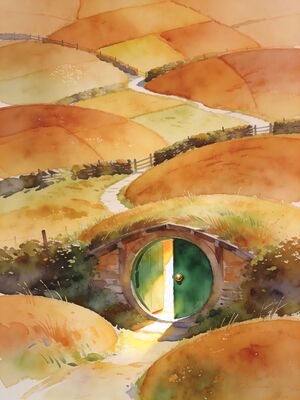 Hobbiton Bag End Green Door at Golden Hour Watercolor Canvas Print