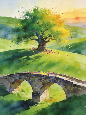 Hobbiton Party Tree and Village Overview Watercolor Canvas Print