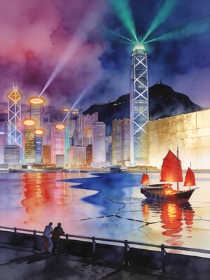 Hong Kong Victoria Harbour Skyline at Night Watercolor Canvas Print