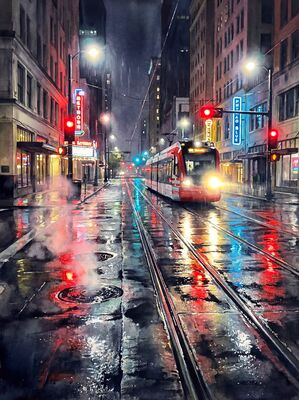 Houston Theater District Evening Stroll Watercolor Canvas Print