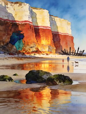 Hunstanton Striped Cliffs Watercolor Canvas Print