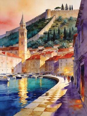 Hvar Town Harbour and Fortica Fortress Watercolor Canvas Print