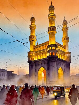 Hyderabad Charminar Bazaar Watercolor Painting — Watercolor Canvas