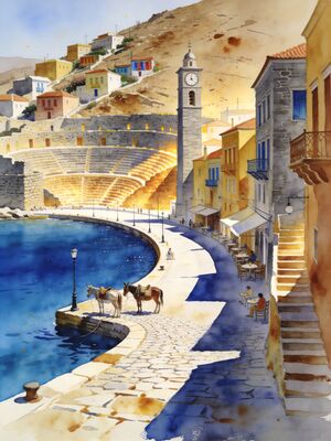 Hydra Stone Mansions Harbor Watercolor Canvas Print