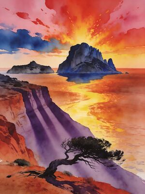 Ibiza Sunset Coast Watercolor Canvas Print