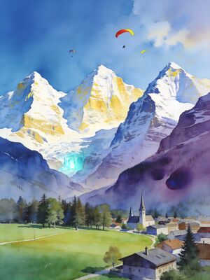 Interlaken Mountain Lake Watercolor Canvas Print