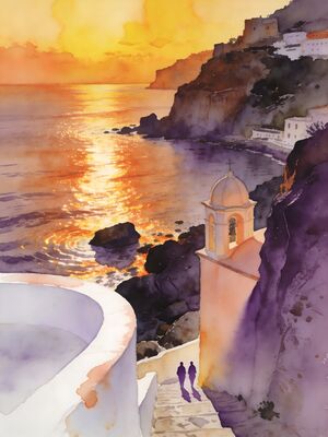 Ischia Sunset Coast Watercolor Canvas Print