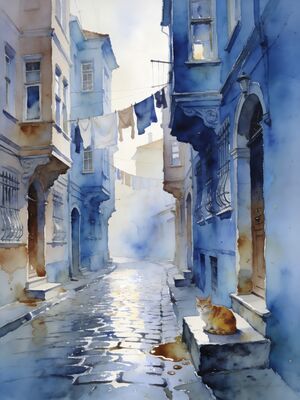 Istanbul Historic Quarter Cobblestone Walk Watercolor Canvas Print