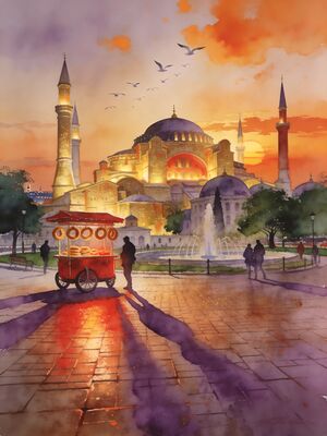 Istanbul Historic Church Town Plaza Watercolor Canvas Print