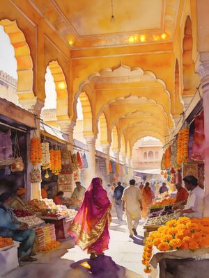 Jaipur City Palace Courtyard at Golden Hour Watercolor Canvas Print