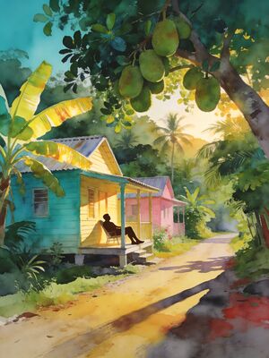 Jamaica Beach Panorama Watercolor Canvas Print