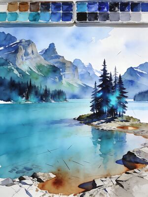 Jasper Spirit Island on Maligne Lake Watercolor Canvas Print