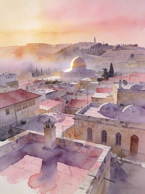 Jerusalem Old City Rooftops at Dawn Watercolor Canvas Print