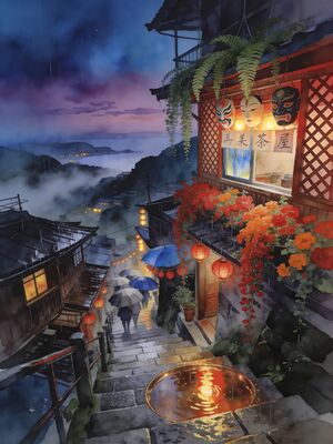 Jiufen Old Street Red Lantern Stairway Watercolor Canvas Print