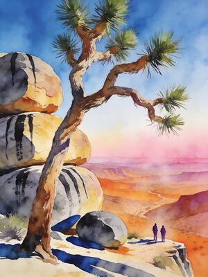 Joshua Tree Valley and Gorge Panorama Watercolor Canvas Print