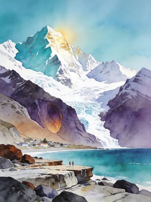 Kaikoura Mountains Meeting the Pacific Watercolor Canvas Print