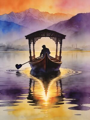 Kashmir Dal Lake Houseboat Reflection Watercolor Canvas Print