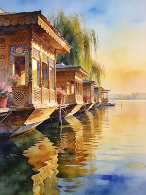 Kashmir Mughal Garden Nishat Bagh Watercolor Canvas Print