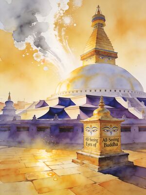Kathmandu Boudhanath Stupa Prayer Flags Watercolor Canvas Print