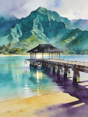 Kauai Hanalei Pier Bali Hai Mountains Watercolor Canvas Print