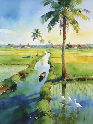 Kerala Backwaters Paddy Field Waterway Watercolor Canvas Print