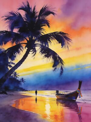 Ko Samui Chaweng Sunset with Coconut Palms Watercolor Canvas Print