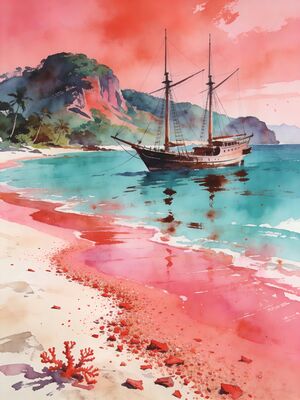 Komodo Islands Pink Beach Volcanic Hills Watercolor Canvas Print