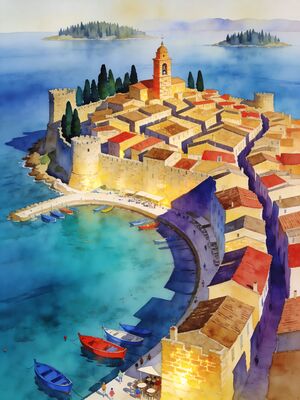 Korcula Old Town on the Peninsula Watercolor Canvas Print