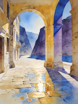Kotor Old Town Square and Clock Tower Watercolor Canvas Print