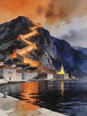 Kotor Fortress Walls above the Bay Watercolor Canvas Print