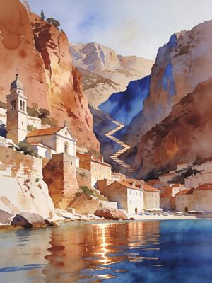 Kotor Old Town Bay and Fortress Walls Watercolor Canvas Print