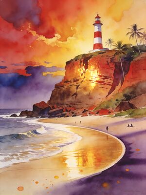 Kovalam Lighthouse Beach Panorama Watercolor Canvas Print