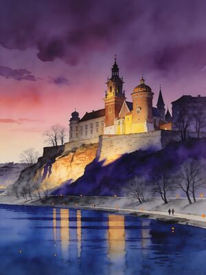 Krakow Wawel Castle above Vistula at Dusk Watercolor Canvas Print