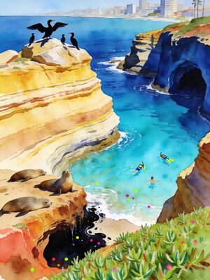 La Jolla Cove Sea Caves Rocky Shoreline Watercolor Canvas Print