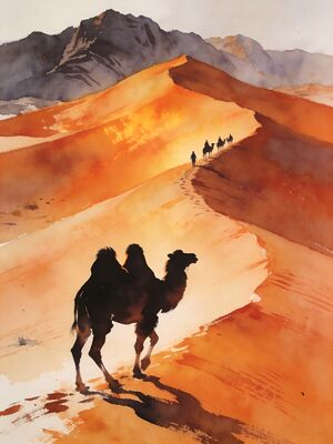 Ladakh Nubra Valley Camels Watercolor Canvas Print
