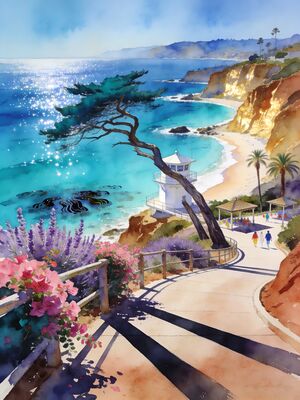 Laguna Beach Heisler Park Coastline Watercolor Canvas Print