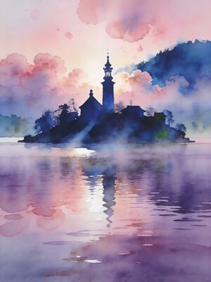 Lake Bled Pletna Boat Crossing Watercolor Canvas Print