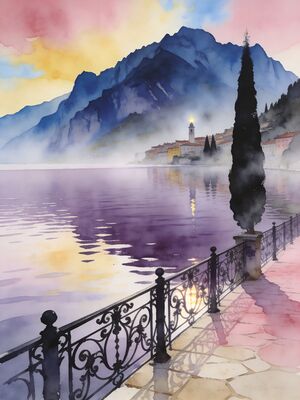 Lake Como Reflection View Watercolor Canvas Print