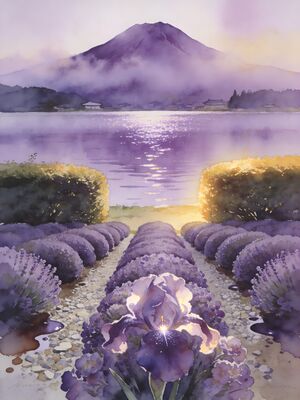 Lake Kawaguchi Lavender Fields Watercolor Canvas Print