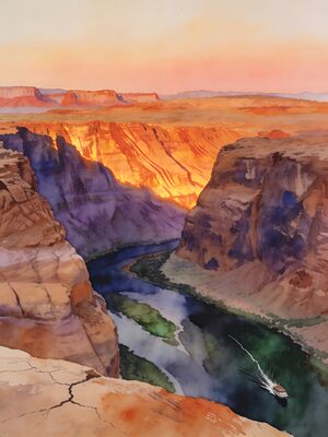 Horseshoe Bend Colorado River Overlook Watercolor Canvas Print