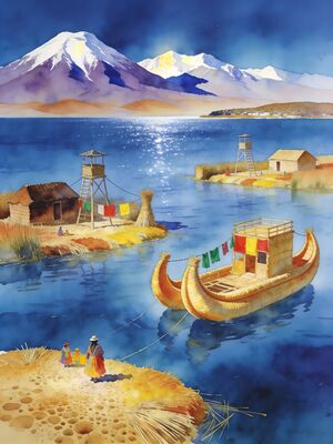 Lake Titicaca Uros Floating Reed Islands Watercolor Canvas Print