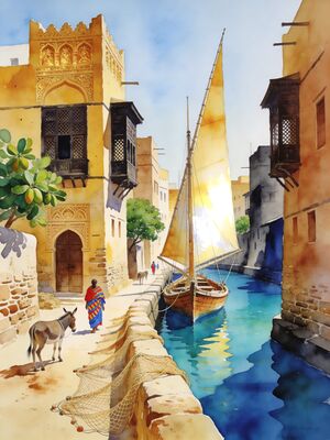 Lamu Island Swahili Waterfront Watercolor Canvas Print