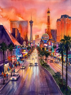Las Vegas Bellagio Fountains at Night Watercolor Canvas Print