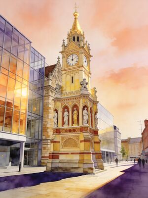 Leicester Clock Tower Highcross Watercolor Canvas Print