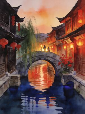 Lijiang Old Town Naxi Canals Watercolor Canvas Print