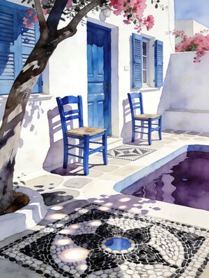 Lindos Morning Lane Watercolor Canvas Print
